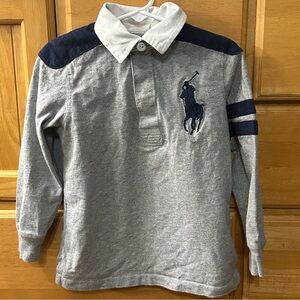 Polo Ralph Lauren 6-7 Gray and Blue Rugby Shirt 100% Cotton, Size 4/4T EUC